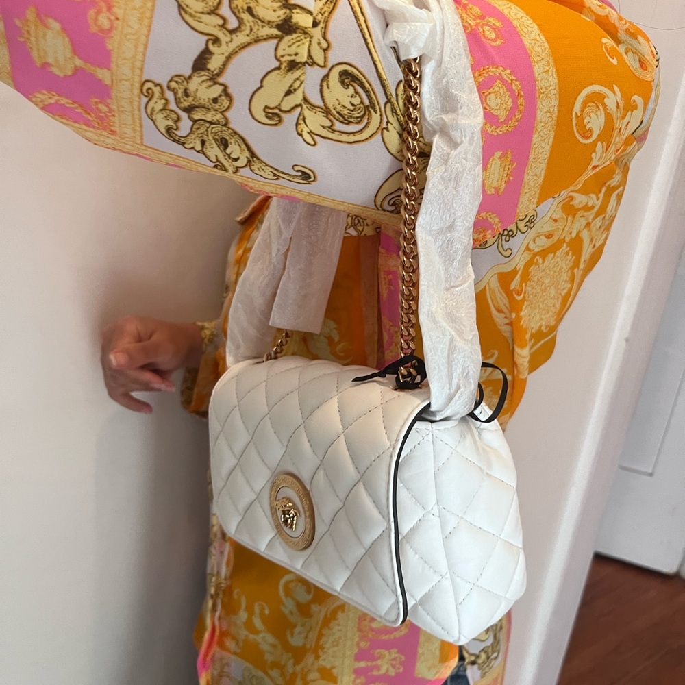 VERSACE WHITE NAPPA LEATHER QUILTED MEDUSA FLAP SHOULDER BAG BRAND NEW